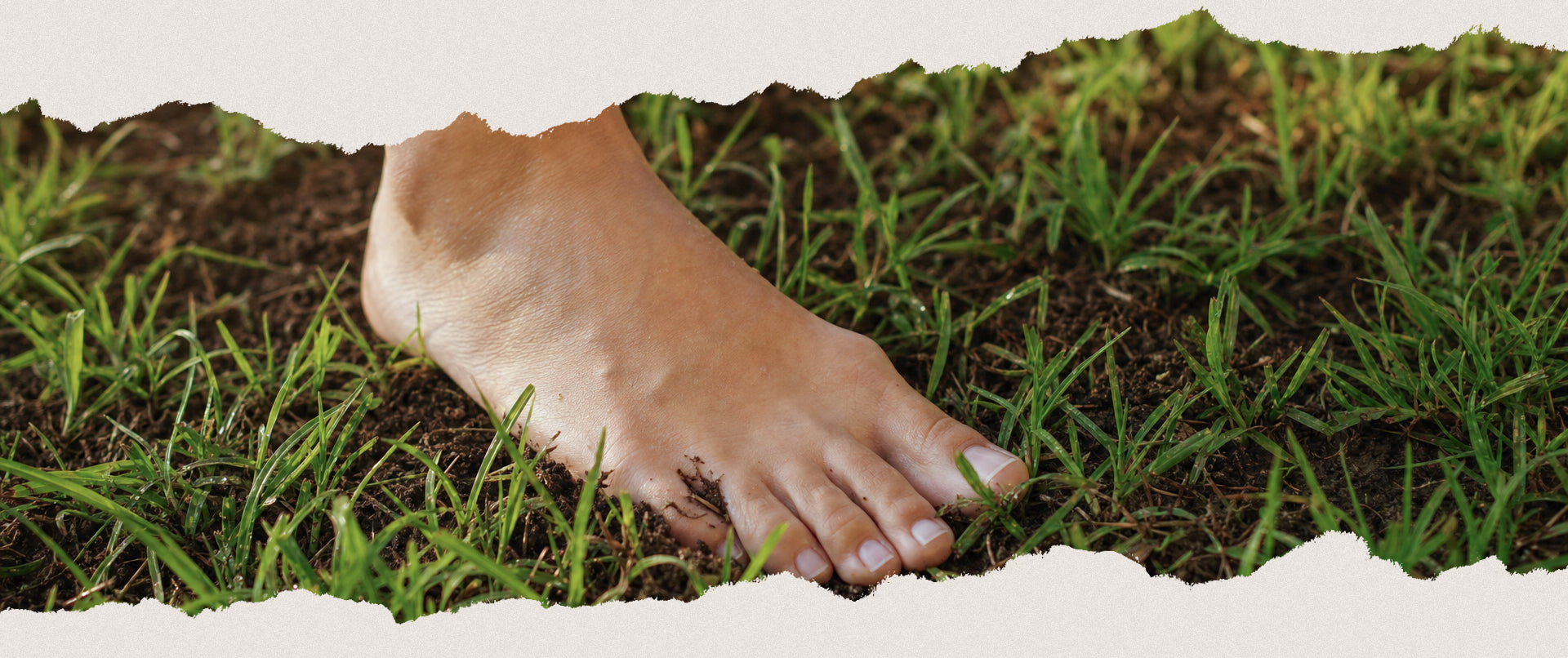 Pies descalzos sobre la hierba, reconectando el cuerpo con el movimiento natural y la sensación del suelo.