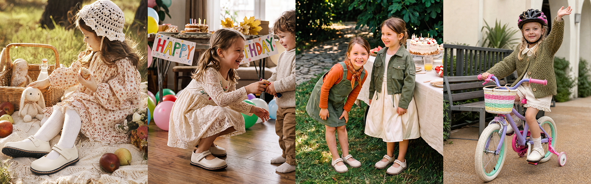 Niñas con merceditas barefoot en picnics, fiestas de cumpleaños y paseos al aire libre