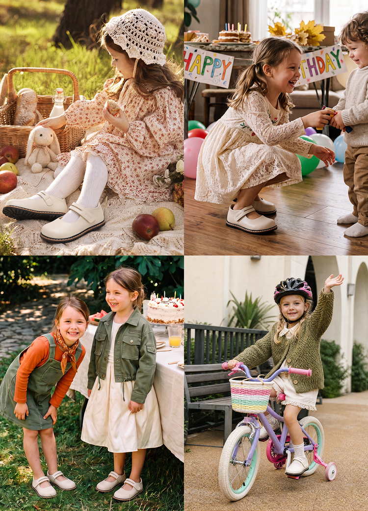Niñas con merceditas barefoot en picnics, fiestas de cumpleaños y paseos al aire libre