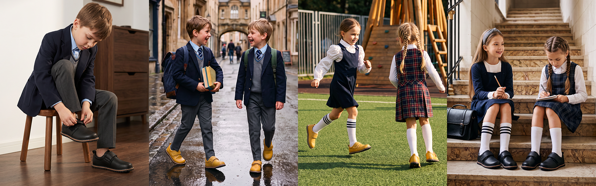 Niños con zapatos escolares barefoot de piel camino al colegio y jugando al aire libre en el campus