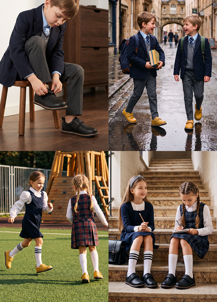 Niños con zapatos escolares barefoot de piel camino al colegio y jugando al aire libre en el campus